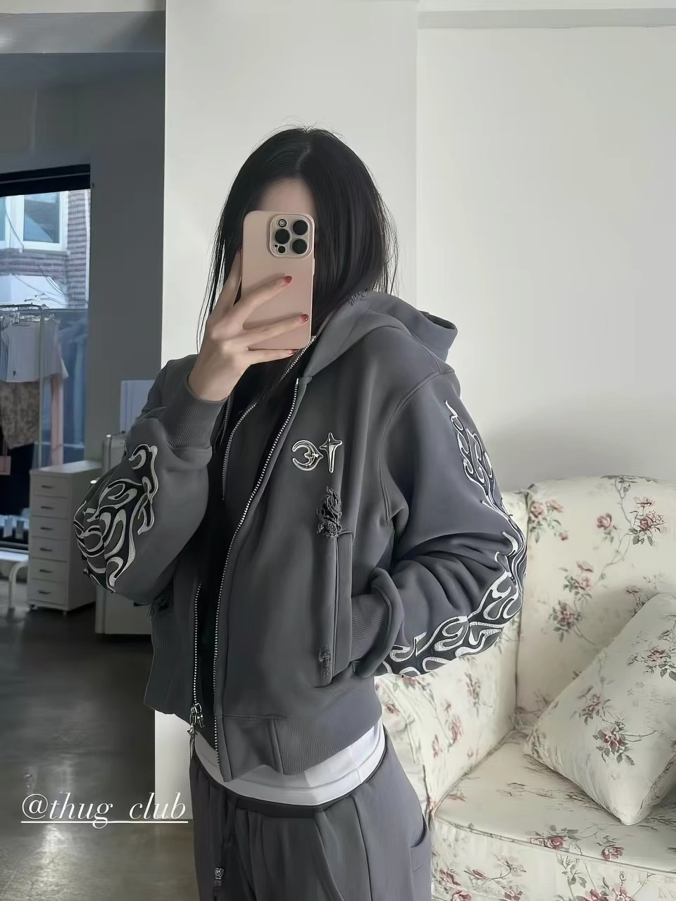 GMABCD Unisex Distressed Embroidered Zip-Up Hoodie – Relaxed Streetwear Jacket - detail 6