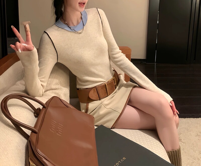 欧阳家 撞色针织衫女冬季新款圆领内搭打底衫修身显瘦长袖上衣|undefined