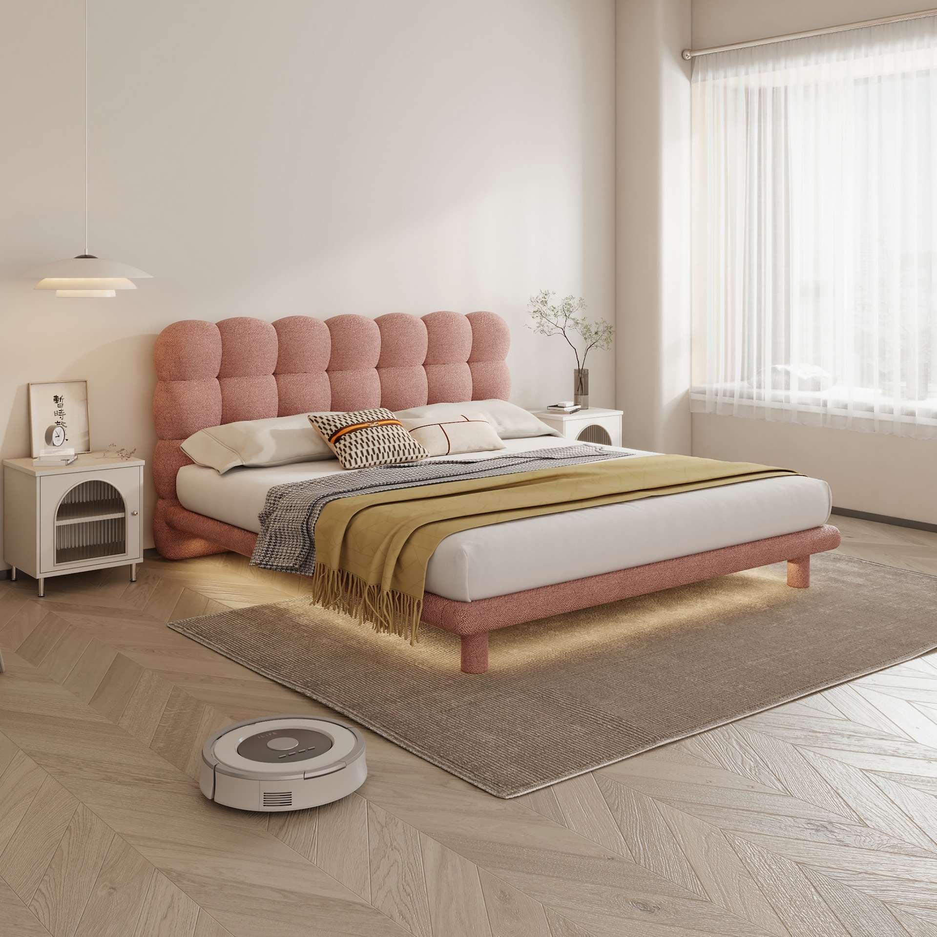 Cama de burbuja de crema francesa Cama de tela de cachemire Cama doble moderna simple Cama de princesa roja en línea Cama infantil