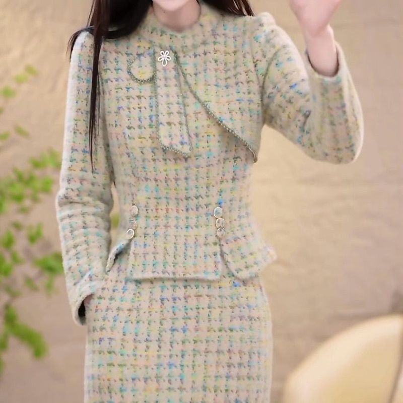 单/套装 小香风时尚秋冬新款洋气显瘦遮肉上衣半身裙子休闲两件套|undefined
