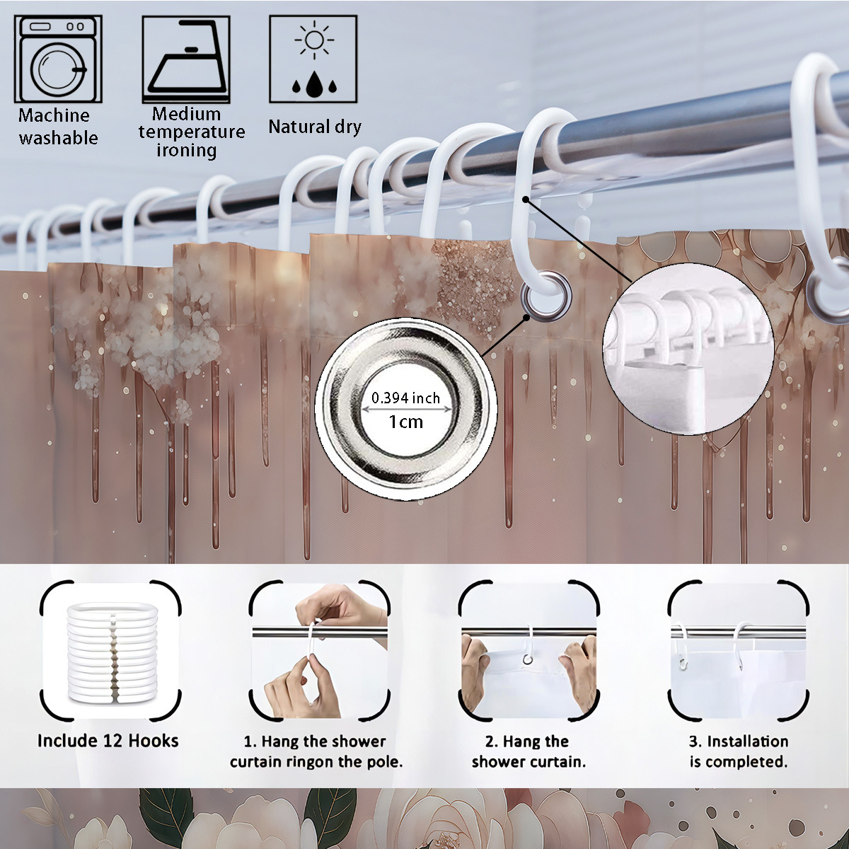 Agente de poliéster Mei Ke más cortina de baño impermeable serie de agua floral 3D impresión digital cortina de baño cuatro piezas alfombra absorbente