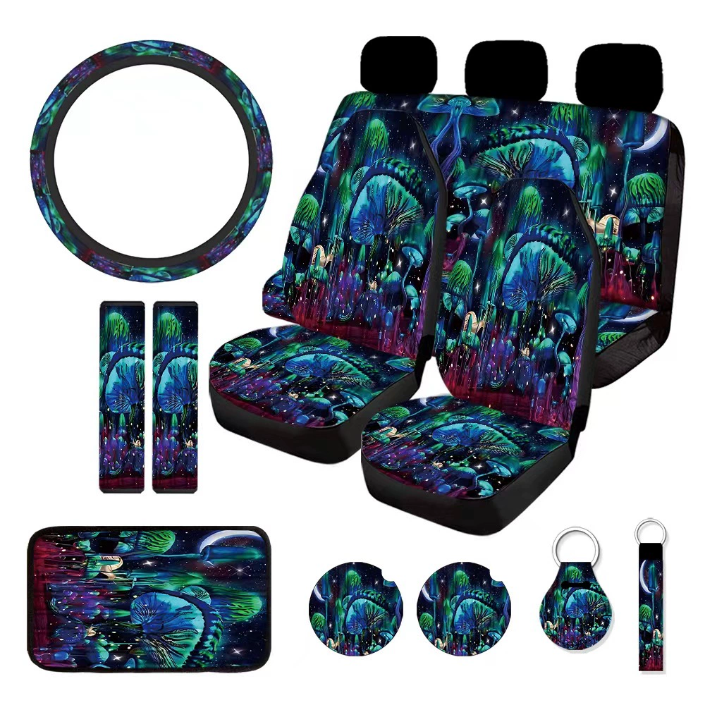 Универсальные чехлы для сидений автомобиля Amazon, эксклюзивно для трансграничной торговли, с принтом «зеленый улитка-гриб», комплект из 15 предметов