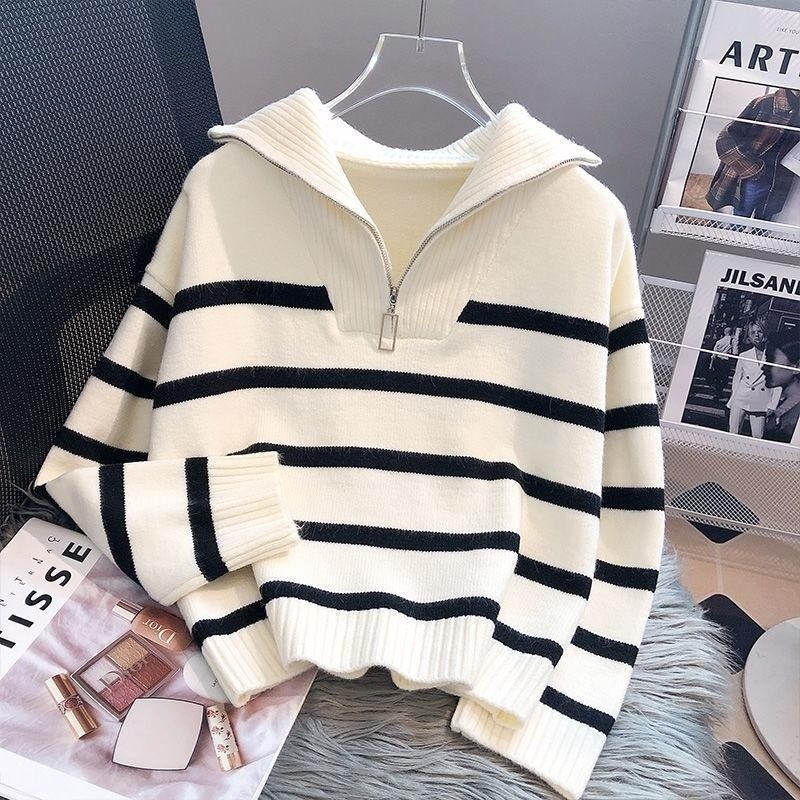 2023 otoño e invierno nuevo estilo coreano cuello alto contraste color casual suéter mujer abrigo suelta moda cremallera rayas suéter