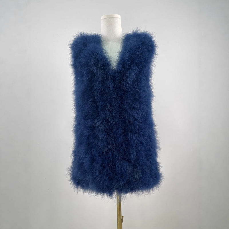 70 Long Foreign Trade Cross-Border Loose Vest European and American Style Genuine Feather Turkey Feather Ostrich Feather Women's Mid-Length Autumn and Winter