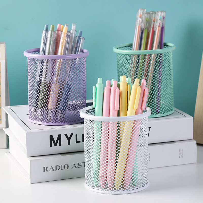 鐵藝筆筒圓形方形學生筆盒桌面辦公室大容量鏤空網格文具收納桶
