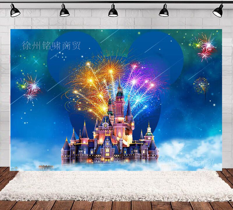 Amazon Foreign Trade Mickey Minnie Castle Fireworks Night Sky Birthday Theme Photography Background Cloth Decorative Banner Wholesale