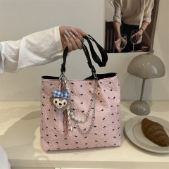 韩系少女泡泡纱蝴蝶结托特包大容量简约时尚单肩包学生上课通勤包