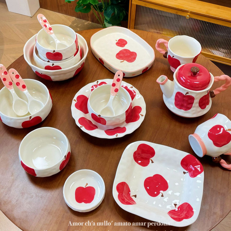 Red Apple Vintage Underglaze Color Ceramic Dish Household Tableware Rice Bowl Noodle Soup Salah Bowl Household Dish Deep Dish