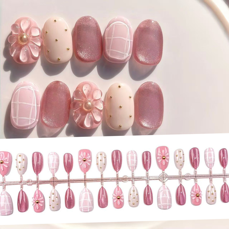 Exquisite Japanese-Style Spring Plaid Floral Press-On Nails, Ultra-Short Almond-Shaped Cat-Eye Pink-Purple 3D Resin Nail Stickers