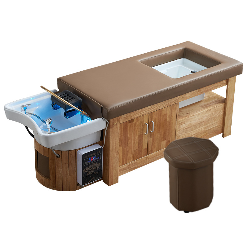 Tienda de cuidado del cabello chino cama de champú de madera maciza salón de pelo oído recogiendo lavabo de cerámica tailandés tratamiento de la cama circulación de agua fumigación integrada