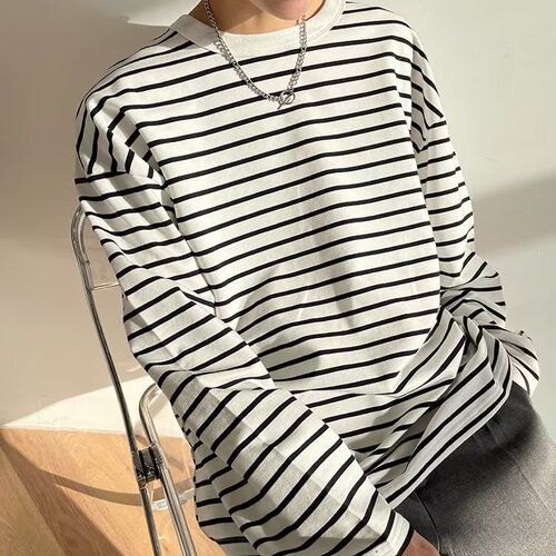 Striped T-shirt for Men - Spring and Autumn New Korean Style Loose Trendy Casual Matchable Crew Neck Long Sleeve T-shirt Underwear
