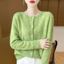 2024年秋冬新款纯羊毛圆领针织开衫长袖女镂空提花宽松百搭上衣