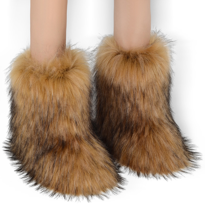 Cross-Border European and American Fur Snow Boots, Flat Heel, High-Top, Raccoon and Fox Fur, Winter Style, Warm Mid-Calf Women's Boots
