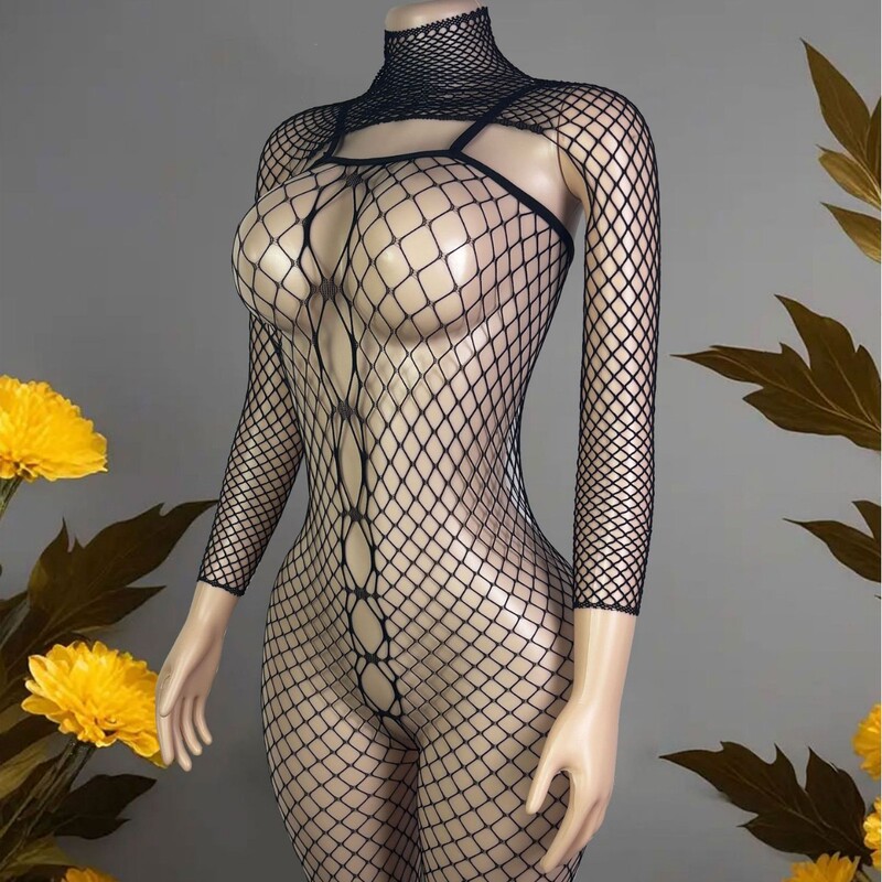 Cross-Border Mesh Hollow-Out Long-Sleeved Sexy Mesh Bodysuit with See-Through Stockings