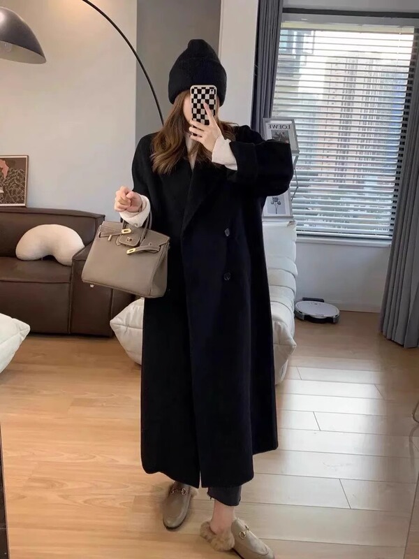 黑灰色感双面羊绒大衣女2025秋冬季新款韩系中长款羊毛呢外套|undefined