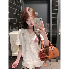美式正肩白色V领短袖T恤女2026新款夏季设计感小众微宽松显瘦上衣