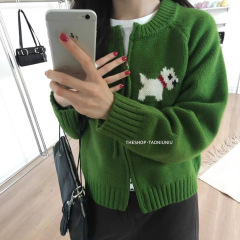 复古设计感卡通小狗圆领双拉链毛衣外套女秋冬宽松减龄针织开衫