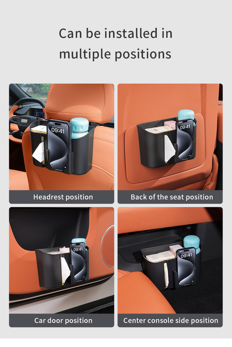 Car rear seat headrest side storage box, plastic thickened snap-on design, 2-in-1 tissue box with cup holder