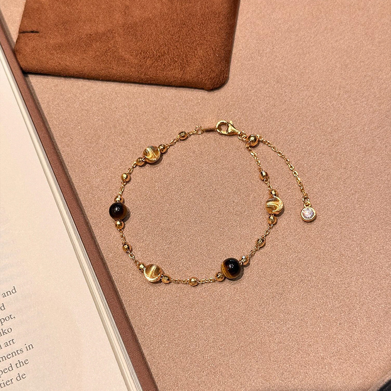 [Lucky Tiger Eye] Retro Tiger Eye Crystal Cat's Eye Gold Beads Pullable Gold Bracelet for Women, Light Luxury and High-End