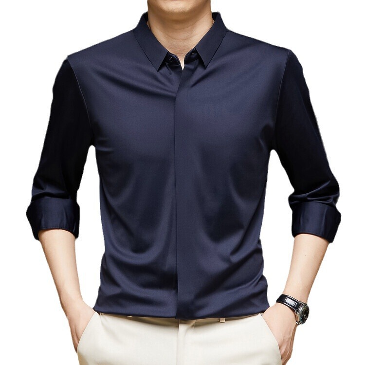 高端暗门襟非桑蚕丝长袖衬衫男士秋季正装无痕冰丝衬衣半袖开衫|undefined