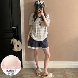 纯棉睡衣女士夏季短袖大带胸垫薄条纹狗全棉可外穿家居服套装