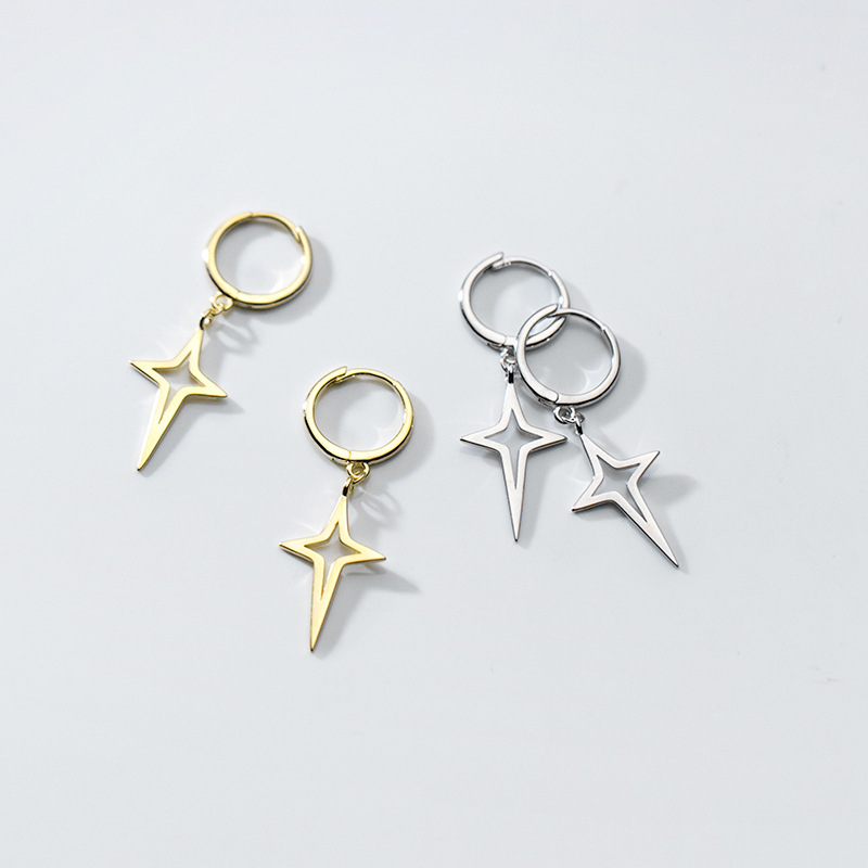 Eloch s925 plata coreana simple pequeña y fresca estrella de cuatro puntas personalidad temperamento moda auriculares G7454