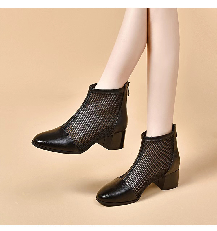 Sandal bít mũi gót cao vừa phong cách La Mã đế dày lưới da thật cho nữ — Màu đen Cashmere chi tiết 7