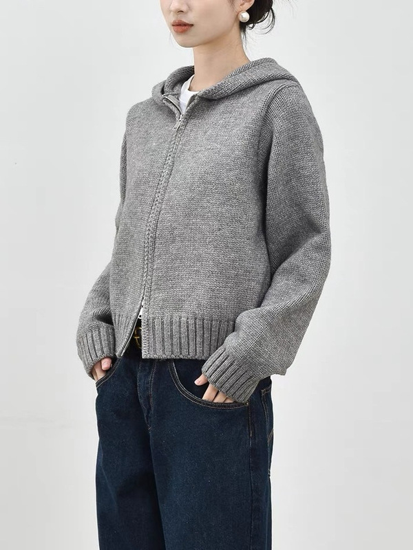 Jiuwu Japanese Style Commuter Hooded Thick Knitted Cardigan Spring & Fall New Casual Short Zipper Sweater Jacket Women's Winter