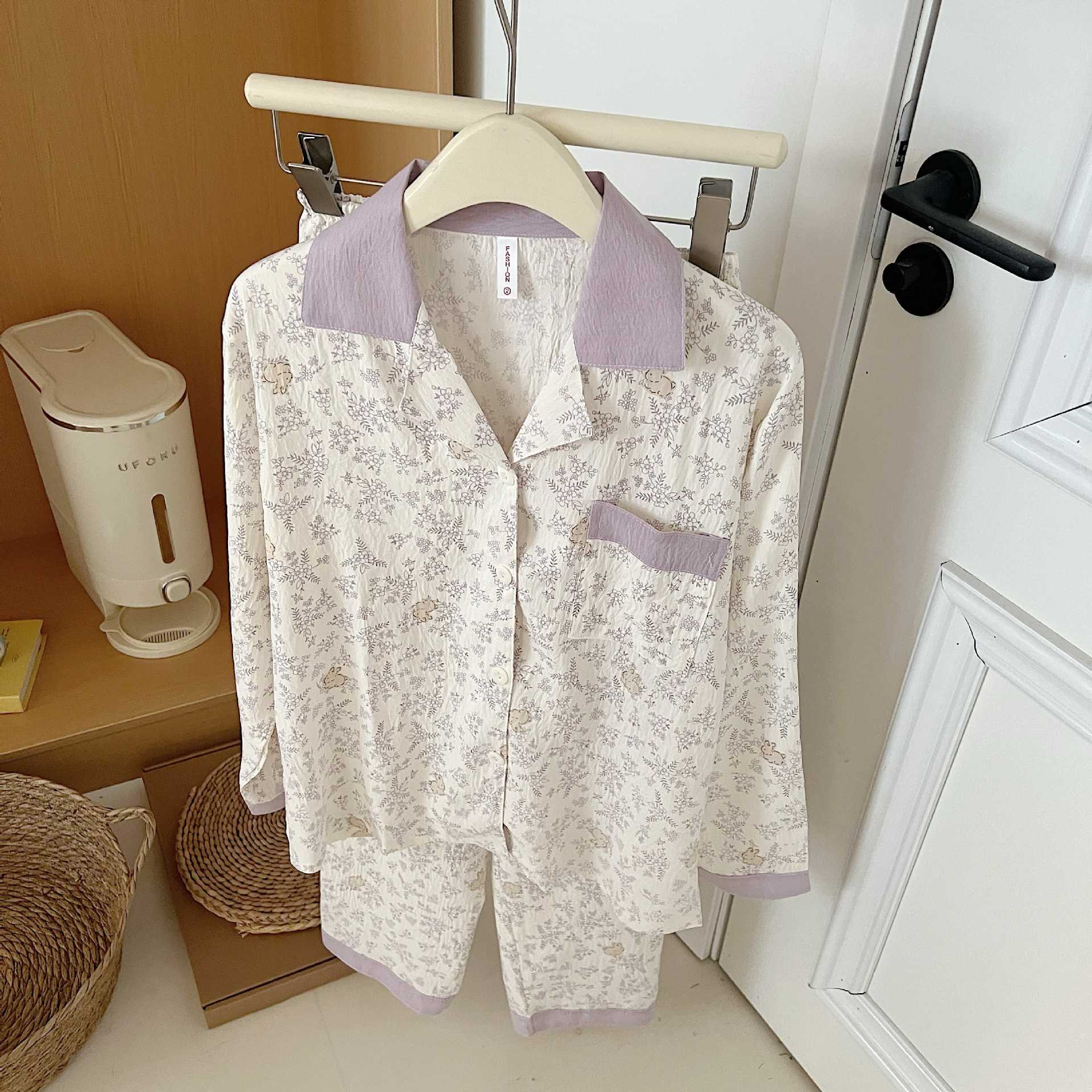 Al por mayor transfronterizo 2026 nuevo pijama de primavera y verano de mujeres nubes de algodón cardigan con solapa ropa de dibujos animados para el hogar mangas largas pantalones largos