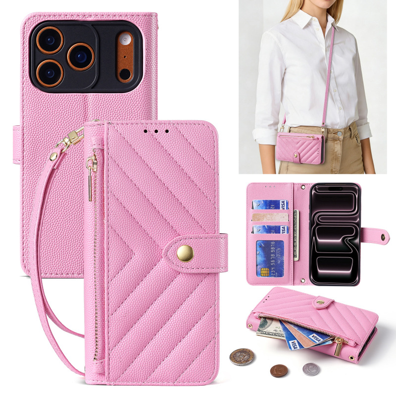 Suitable for Cross-Border Use, iPhone 17 Pro Card-Insert Zipper Bag, Hand Strap Wallet, iPhone 17 Crossbody Phone Leather Case