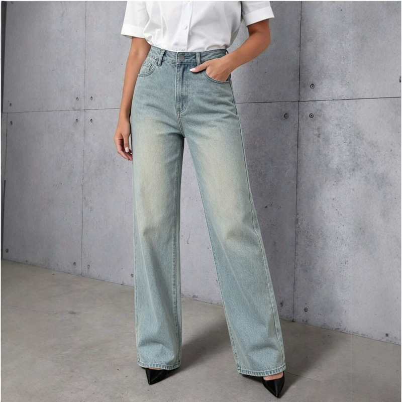 Cross-border European and American Amazon light blue denim loose straight wide-leg summer versatile slimming mid-waist denim pants Cross-border European and American Amazon light blue denim loose straight wide-leg summer versatile slimming mid-waist denim pants