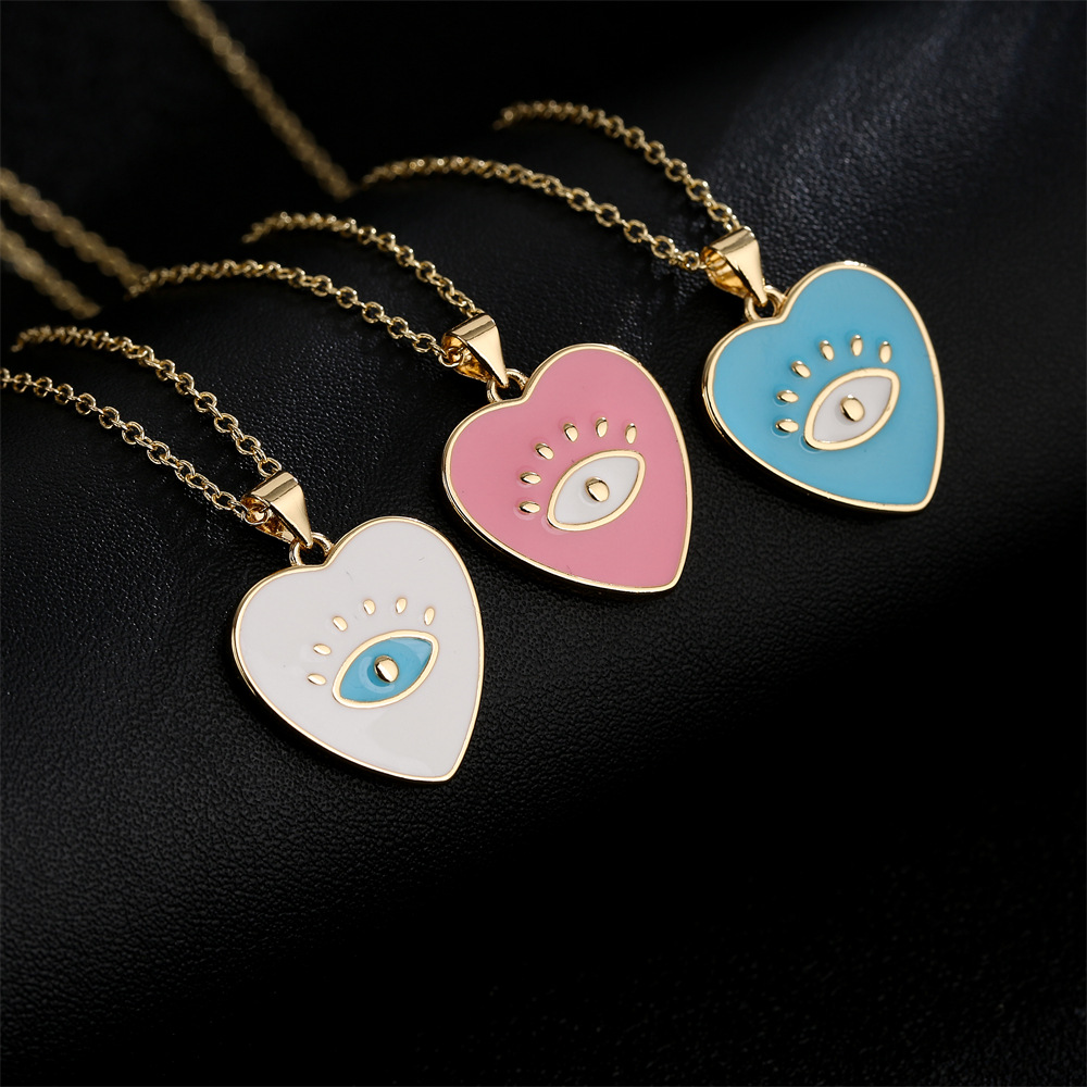 Fashion Cute Copper Plated 18k Gold Color Dripping Oil Eyes Heart-shaped Pendant Necklace display picture 4