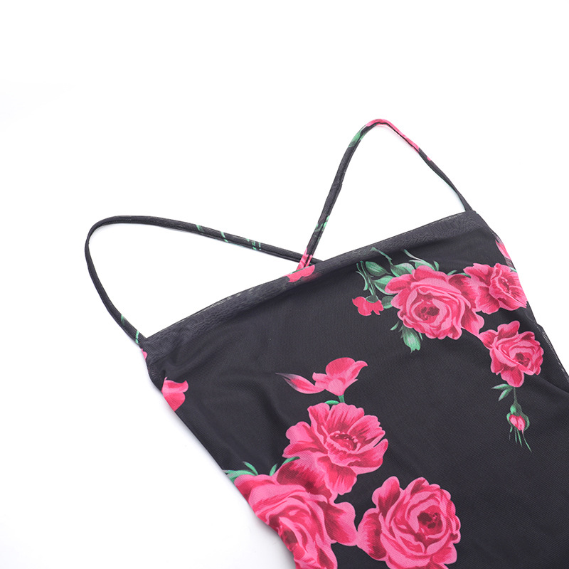 Spring Maxi Dress Sexy Spaghetti Strap Floral Print Backless Lace up Dress