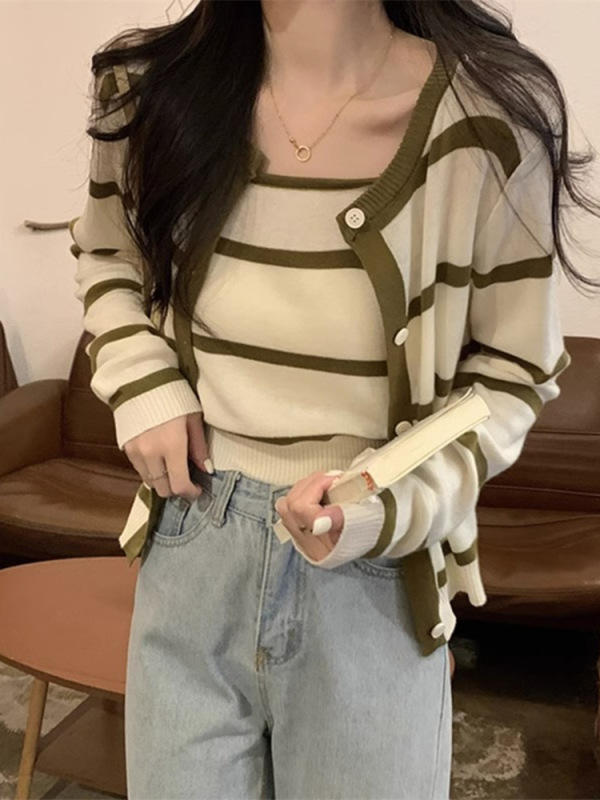 别致漂亮条纹长袖针织开衫套装女秋季毛衣外套上衣吊带背心两件套|undefined