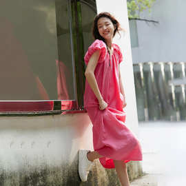 连衣裙女夏 苎麻玫粉色 茧型无束缚感宽松短袖纯色长款裙子