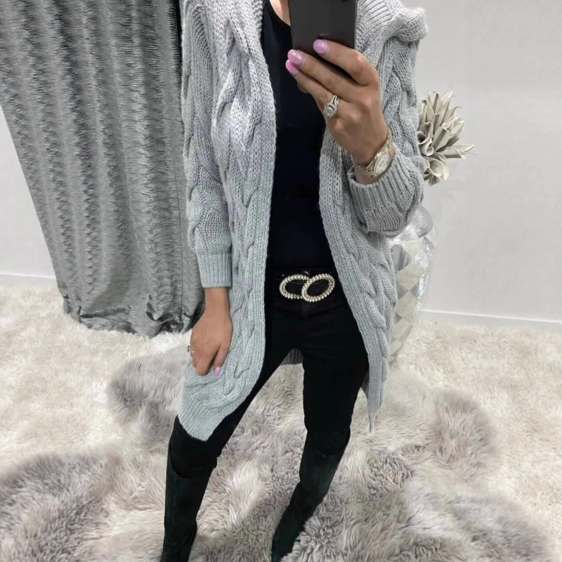 欧美亚马逊长款连帽针织开衫毛衣跨境绞花长袖纯色针织衫外套女|undefined