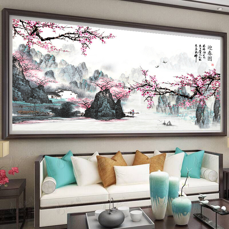 红梅报春图十字绣线绣2021新款客厅风景山水画鸿运当头聚宝盆大幅