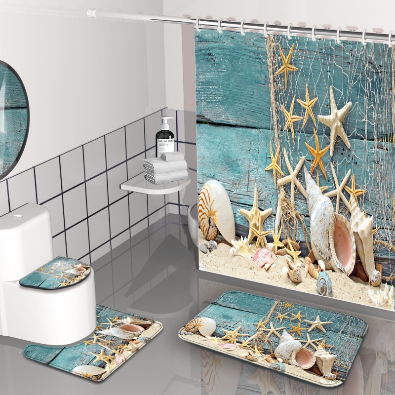 Impresión digital de ondas cortina de baño sin agujeros partición de baño cortina impermeable baño cuatro piezas conjunto de dibujo se puede fijar image 15