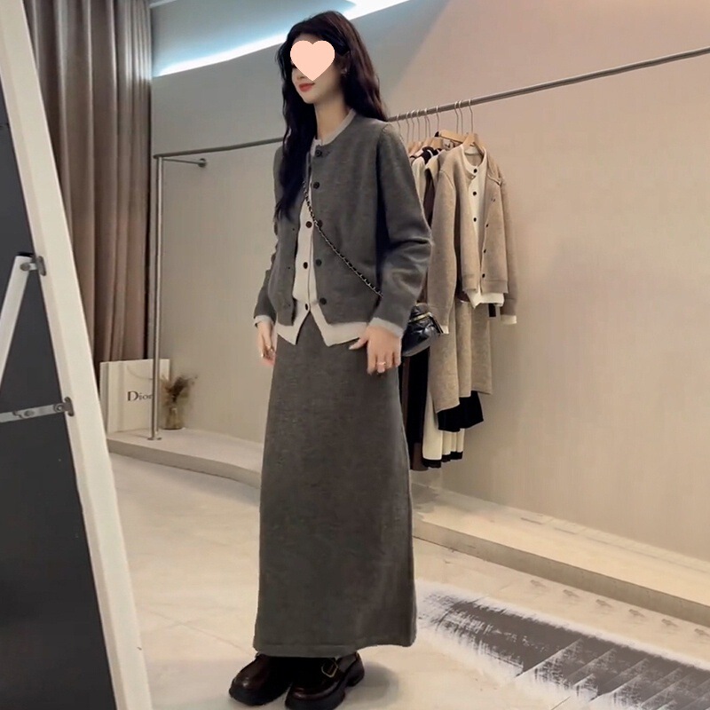 韩系气质穿搭两件套整套针织连衣裙子女2025春秋新款流行毛衣长裙|undefined