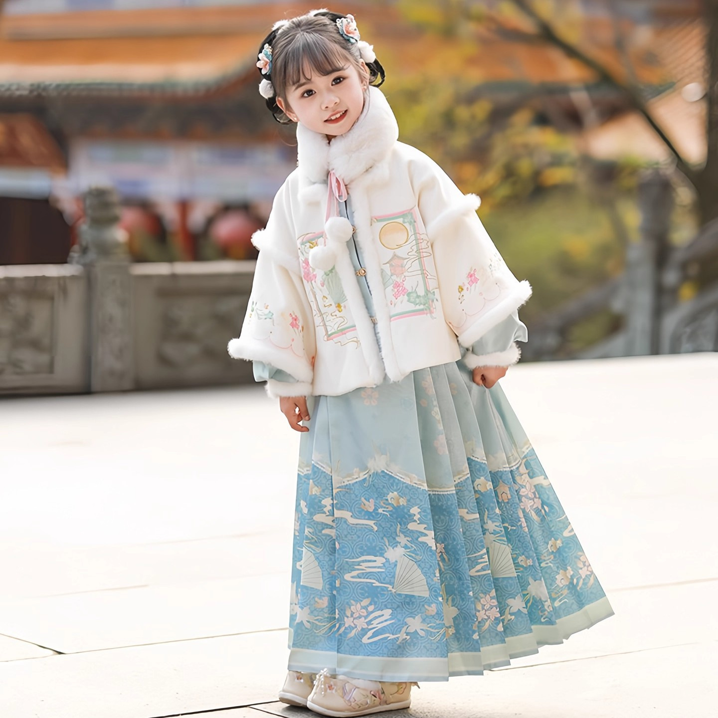 女童汉服套装加绒秋冬款儿童传统民族服饰表演拍照礼服马面裙