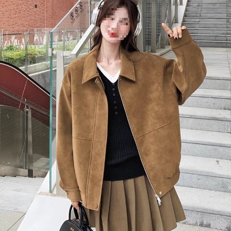 咖色美拉德麂皮绒外套女2025秋季新款小个子美式复古拉链翻领夹克|undefined
