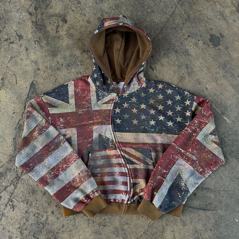 American retro distressed flag hooded cardigan sweatshirt for women, niche patchwork color-block zip-up jacket, subculture top American retro distressed flag hooded cardigan sweatshirt for women, niche patchwork color-block zip-up jacket, subculture top