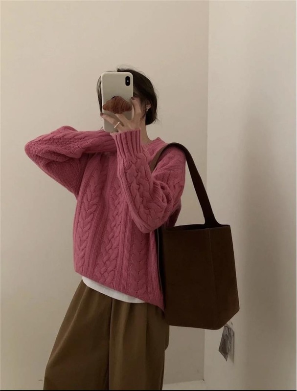 韩国 八奶麻花软糯毛衣女宽松高质感套头上衣针织衫|undefined
