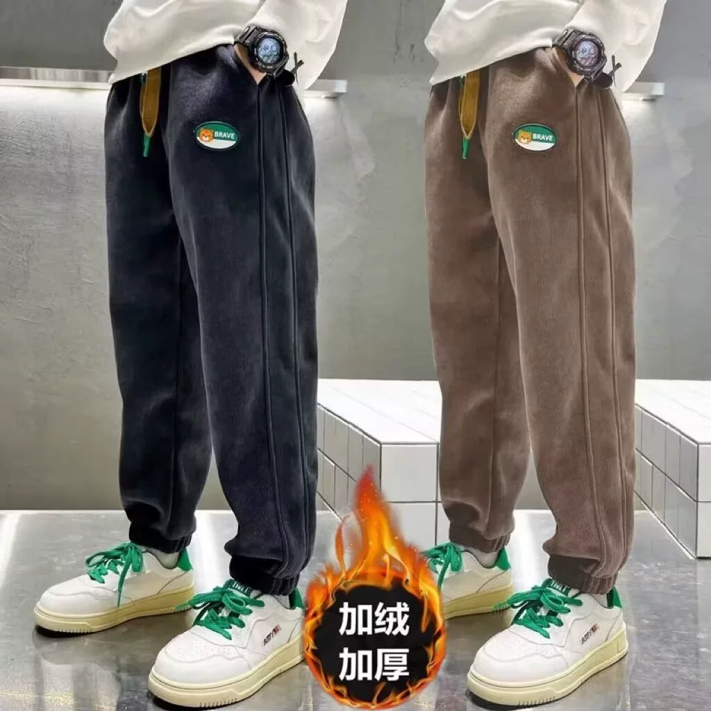 Мальчик плюшевые повседневные спортивные штаны 2024 новые детские вельветы осенне-зимние толстые брюки для мальчиков
