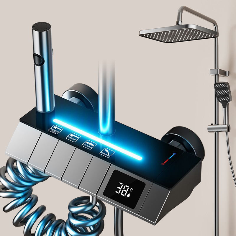 Fábrica transfronteriza ABS pistola gris 4 función presurizada calentamiento frío pantalla digital atmósfera lámpara ducha fuente de baño doméstico al por mayor