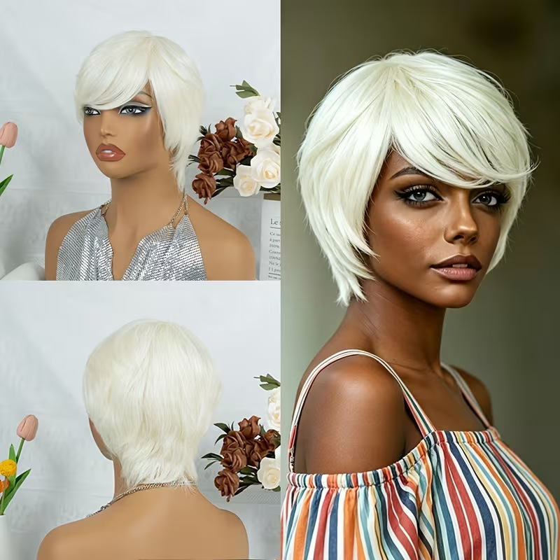 Cross-border white short pixie wig with side bangs, high-temperature synthetic fiber short hair cap, European and American women's fashion style