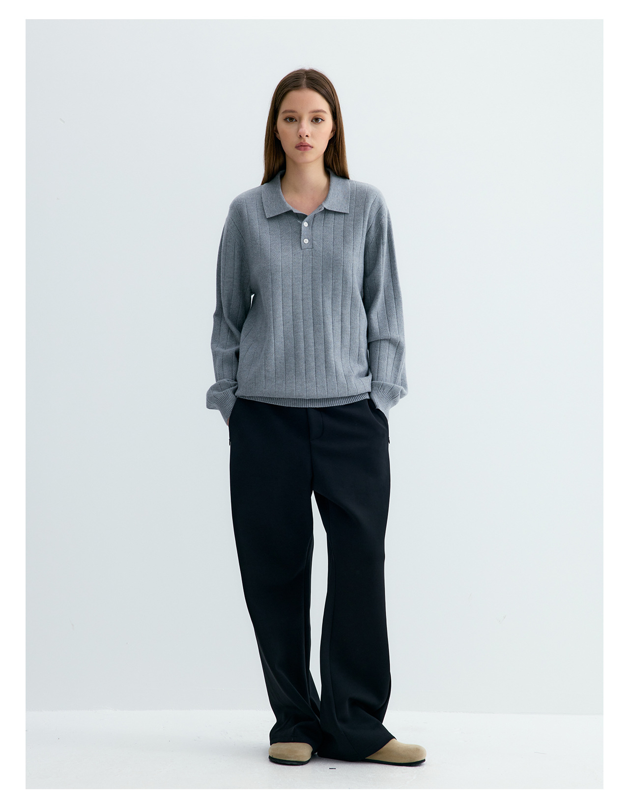 UNF 250g Ribbed Knit Polo Sweater