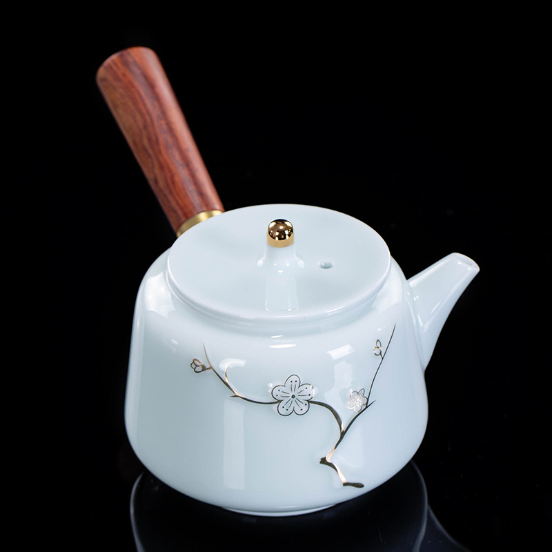 描金影青侧把茶壶功夫茶具茶壶冲天泡茶壶陶瓷梅花兰花单壶