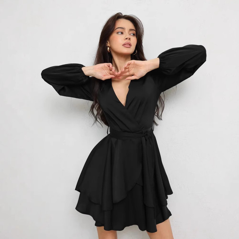 Foreign Trade Amazon Women's dress Deep V-neck Long Sleeve Waist Lace-up Pleated Mini Elegant dress Dress Foreign Trade Amazon Women's dress Deep V-neck Long Sleeve Waist Lace-up Pleated Mini Elegant dress Dress