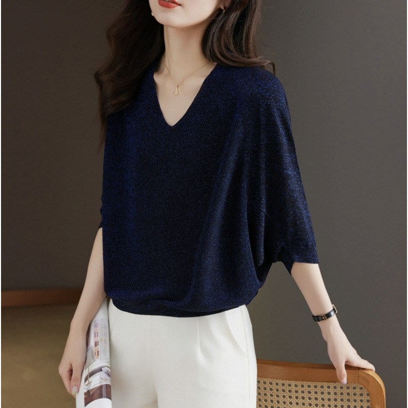 Chicken Heart V-Neck Half Dolman Sleeve Knitted T-Shirt Top Women's Ice Silk Thin Loose plus size T-Shirt Blouse Summer Dress